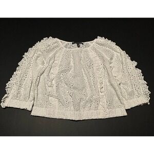 White House Black Market Eyelet Ruffle Blouson Cotton Top Blouse Off White XS